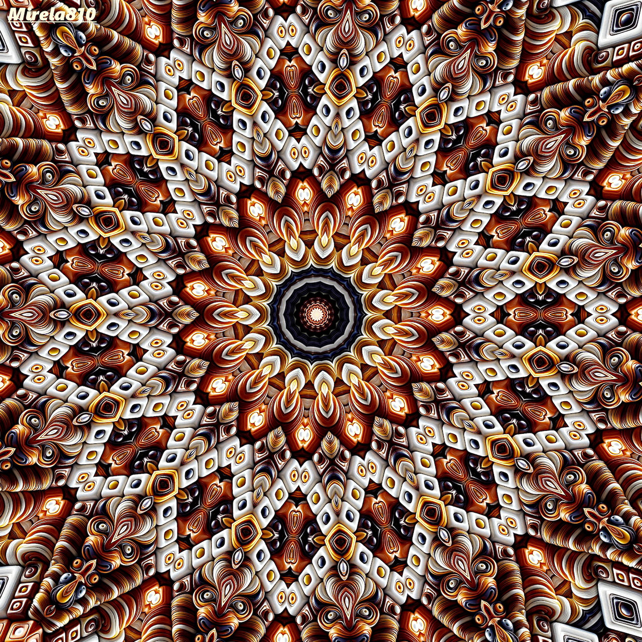 Symmetrical brown and white mandala with intricate geometric and floral patterns radiating from center