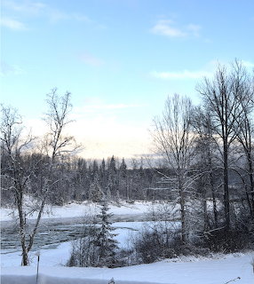 Snow-covered winter landscape with bare trees and a partially frozen river under a cloudy sky