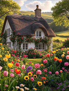 Thatched roof cottage with vibrant flower garden in rural landscape