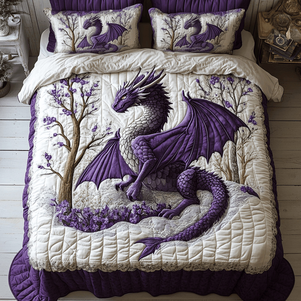Purple and cream quilted bedding with dragon design and matching pillows on wooden bed frame