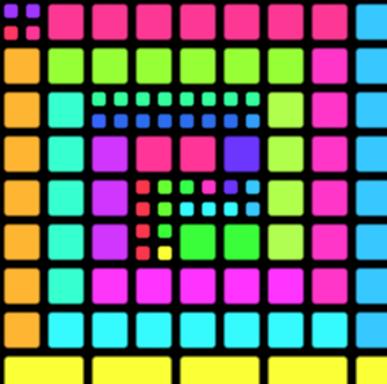 Colorful grid of neon squares in various sizes arranged in a geometric mosaic pattern on black background