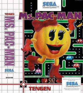 Ms. Pac-Man Sega Master System game cover showing yellow character with bow, maze background, and colorful ghosts