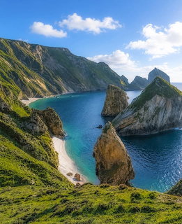 Green coastal cliffs and sea stacks around a turquoise bay in Donegal, Ireland