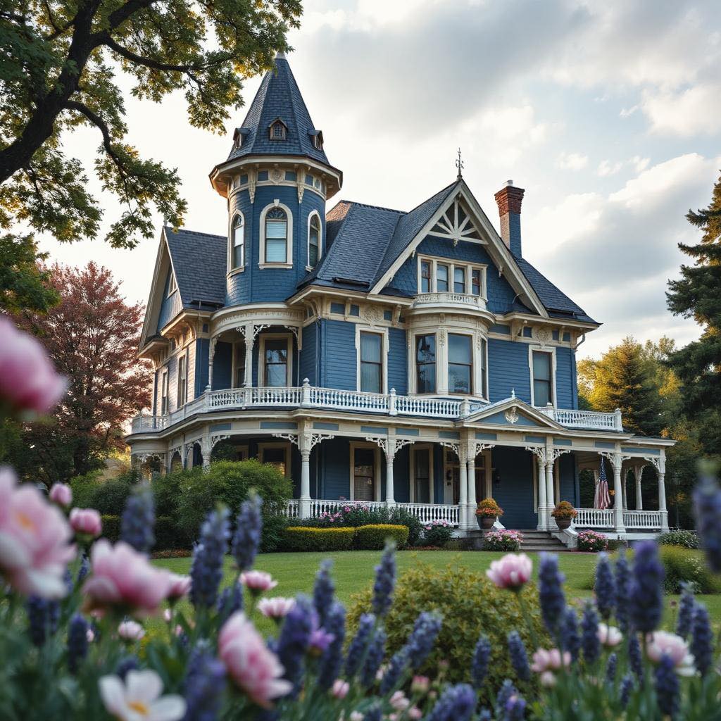 Victorian mansion with turret and porch behind colorful garden flowers