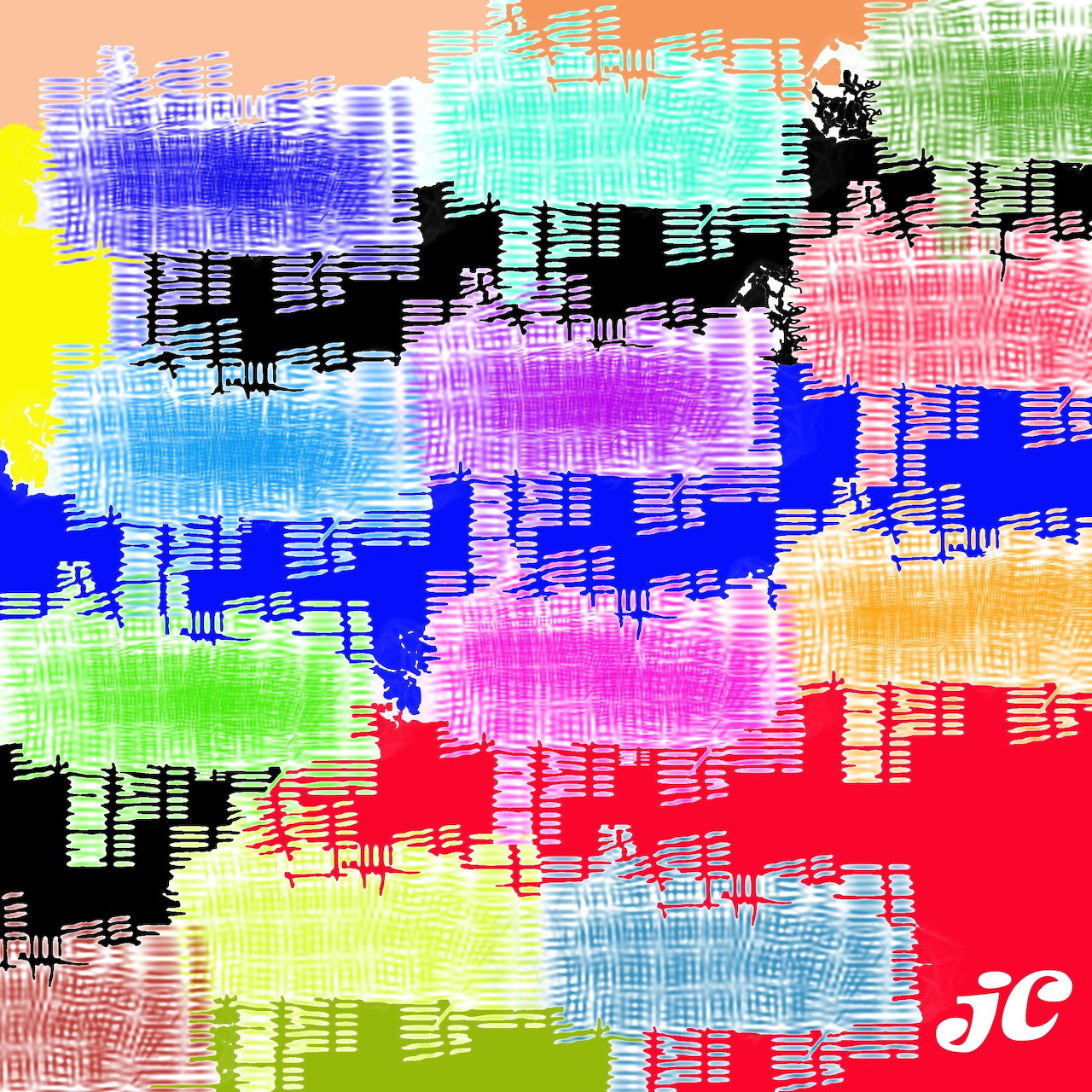 Colorful abstract art with textured rectangular blocks in rainbow colors and crosshatch patterns