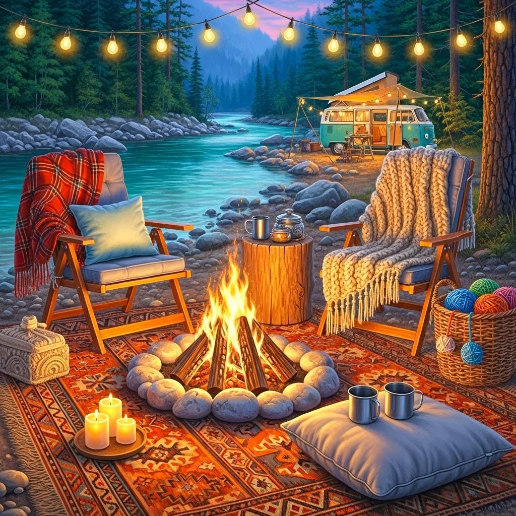 Illustrated cozy campfire scene by a lake with chairs, string lights, a van, and pine trees at evening