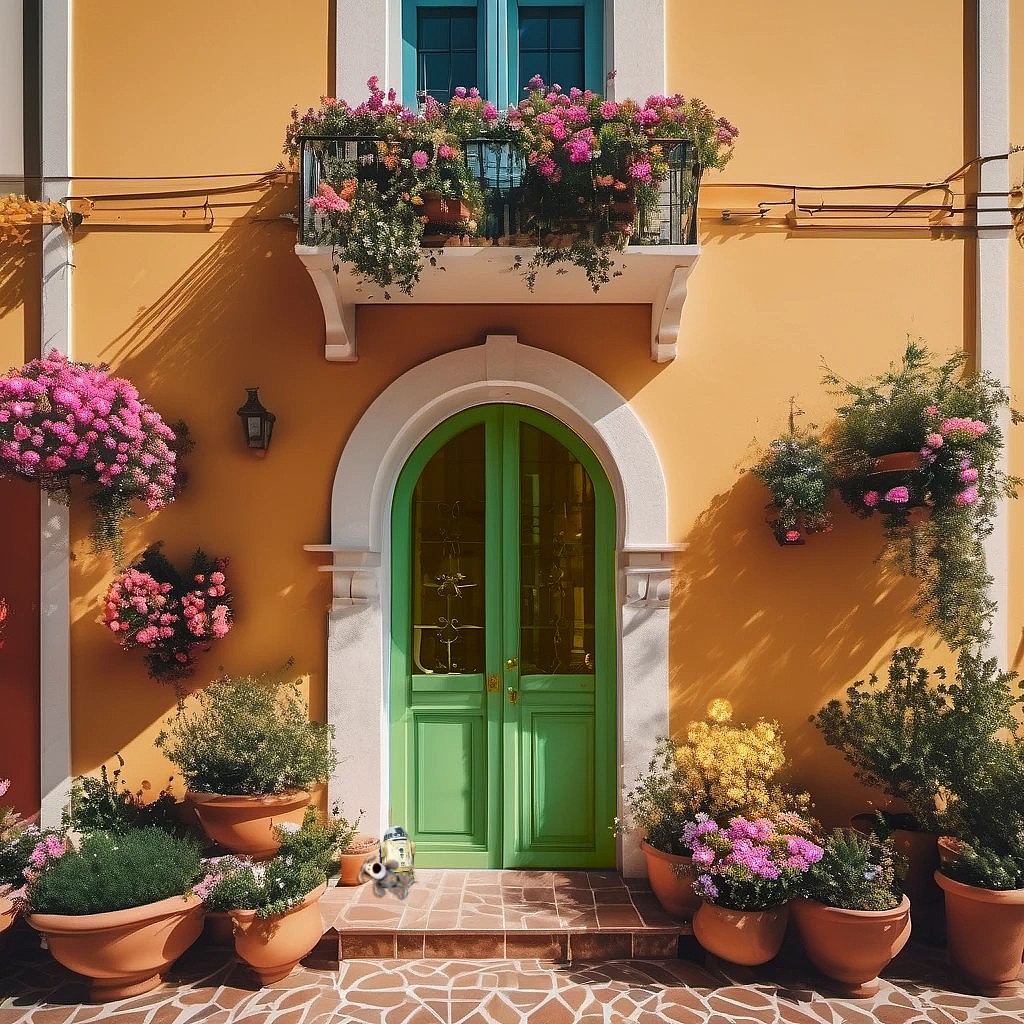 Mediterranean house entrance with green door, yellow walls, pink flowers in hanging baskets and terracotta pots