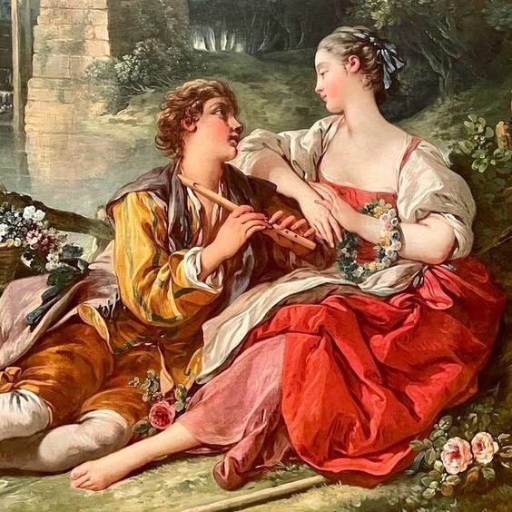 Classical painting of a seated couple outdoors, with a man playing a stringed instrument beside a woman