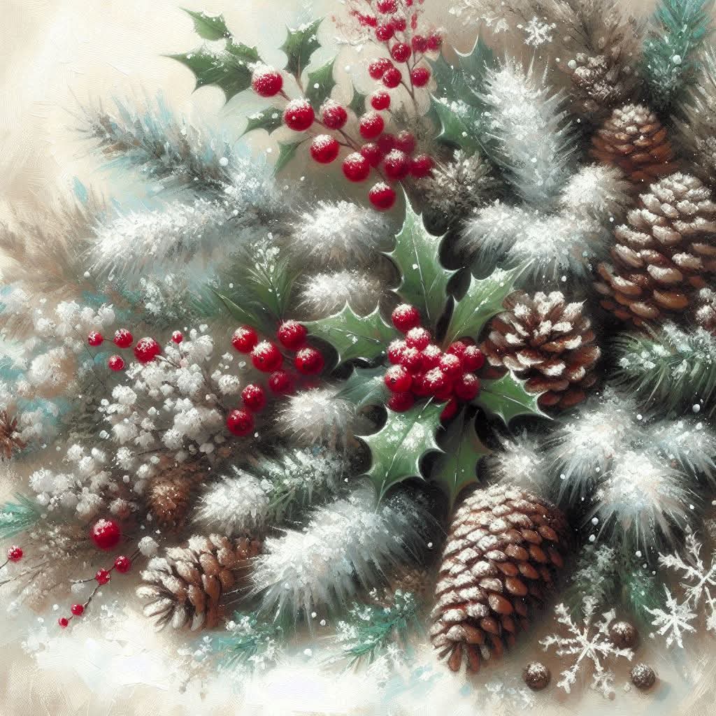 Frosted pine branches with pinecones, holly leaves, red berries, and snowflakes in a winter illustration
