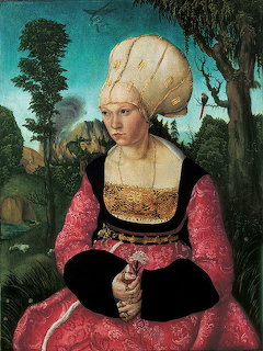 Renaissance portrait of woman wearing ornate pink dress with embroidered sleeves and tall wrapped headdress