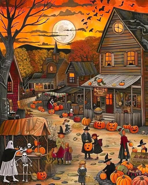 Halloween village with costumed children, pumpkins, decorated houses, and orange sunset sky