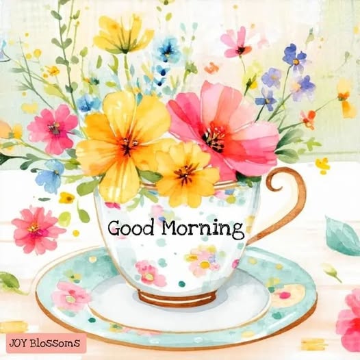 Watercolor painting of a teacup overflowing with colorful spring flowers on a saucer