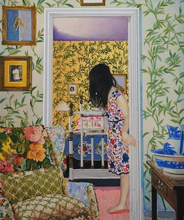 Painting of a woman in a floral dress standing in a doorway inside a patterned interior