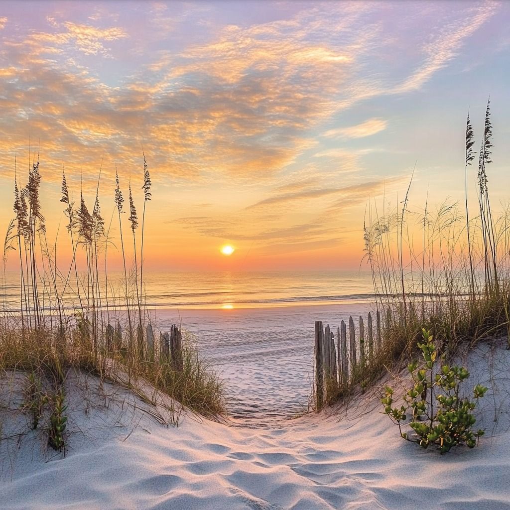 Sandy path between dunes and sea oats leading to a beach sunset over the ocean