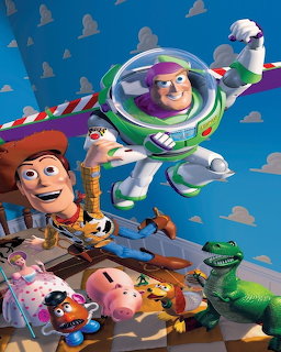 Buzz Lightyear flying with Woody and other Toy Story characters in a vibrant action scene