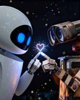 White robot EVE and rusty robot WALL-E holding hands in starry space with Earth behind them