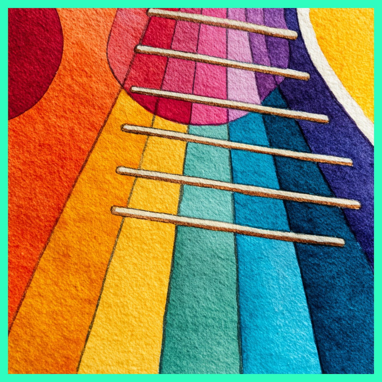 Close-up of colorful guitar with rainbow geometric pattern and strings