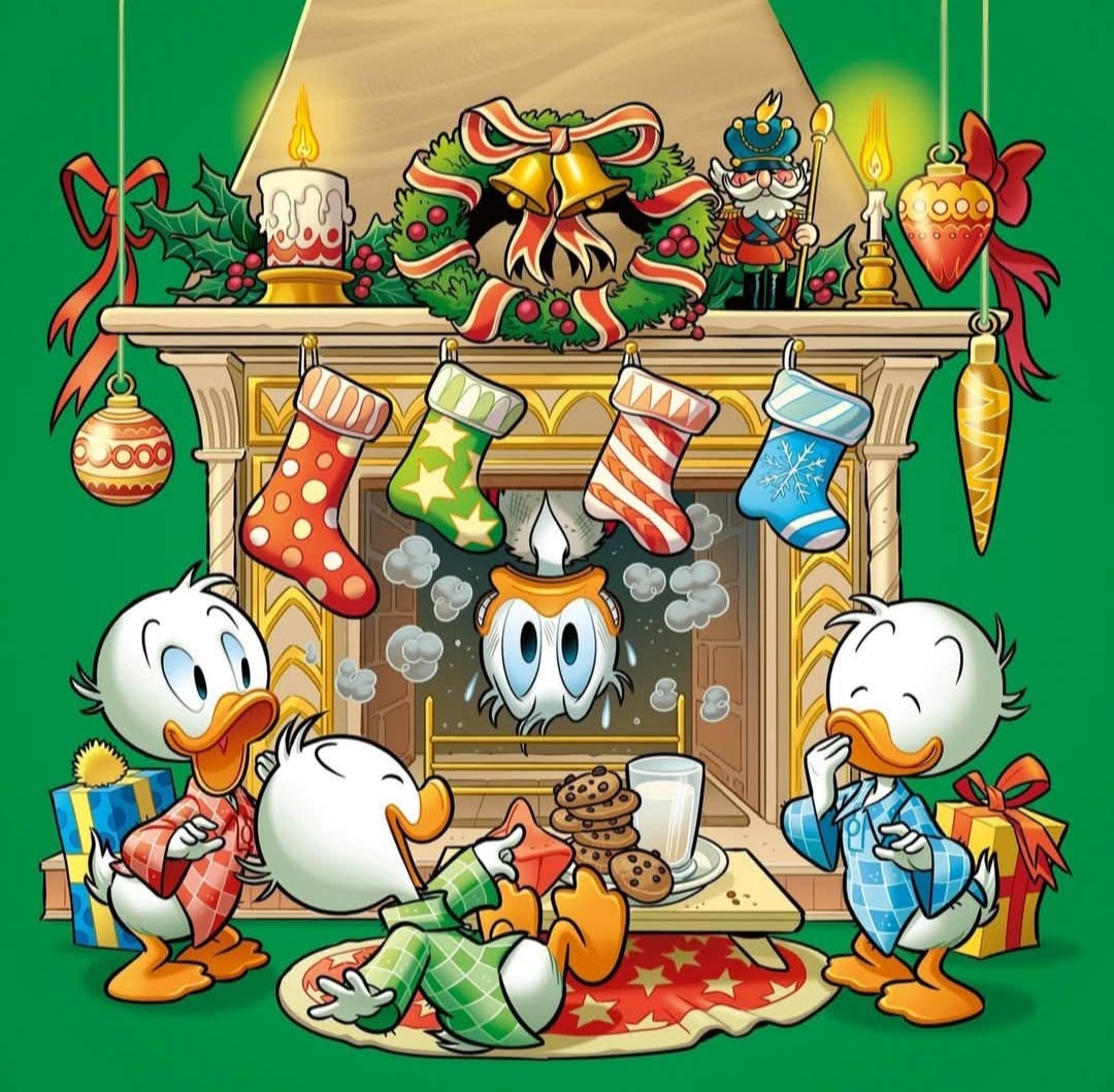 Donald Duck and nephews around Christmas fireplace with stockings and ornaments