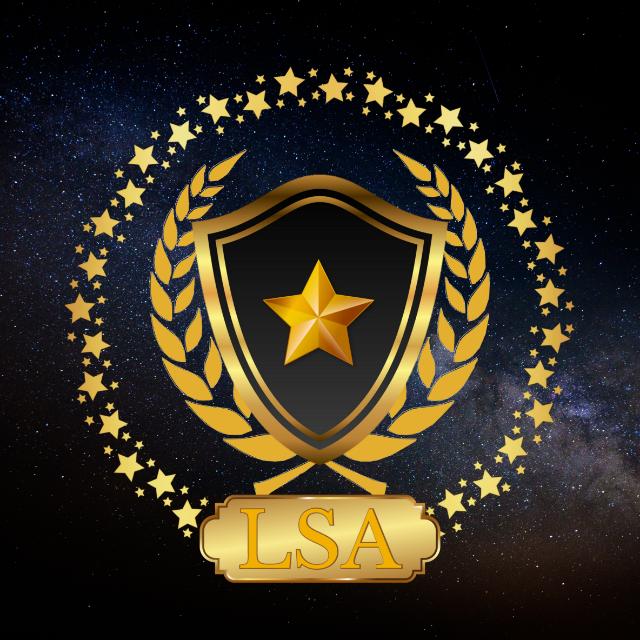 Gold shield badge with star center, laurel wreath, star circle border, and LSA ribbon on cosmic backdrop