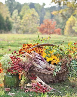 Wicker basket filled with colorful autumn flowers in orange, yellow and red, set on grass with trees in background