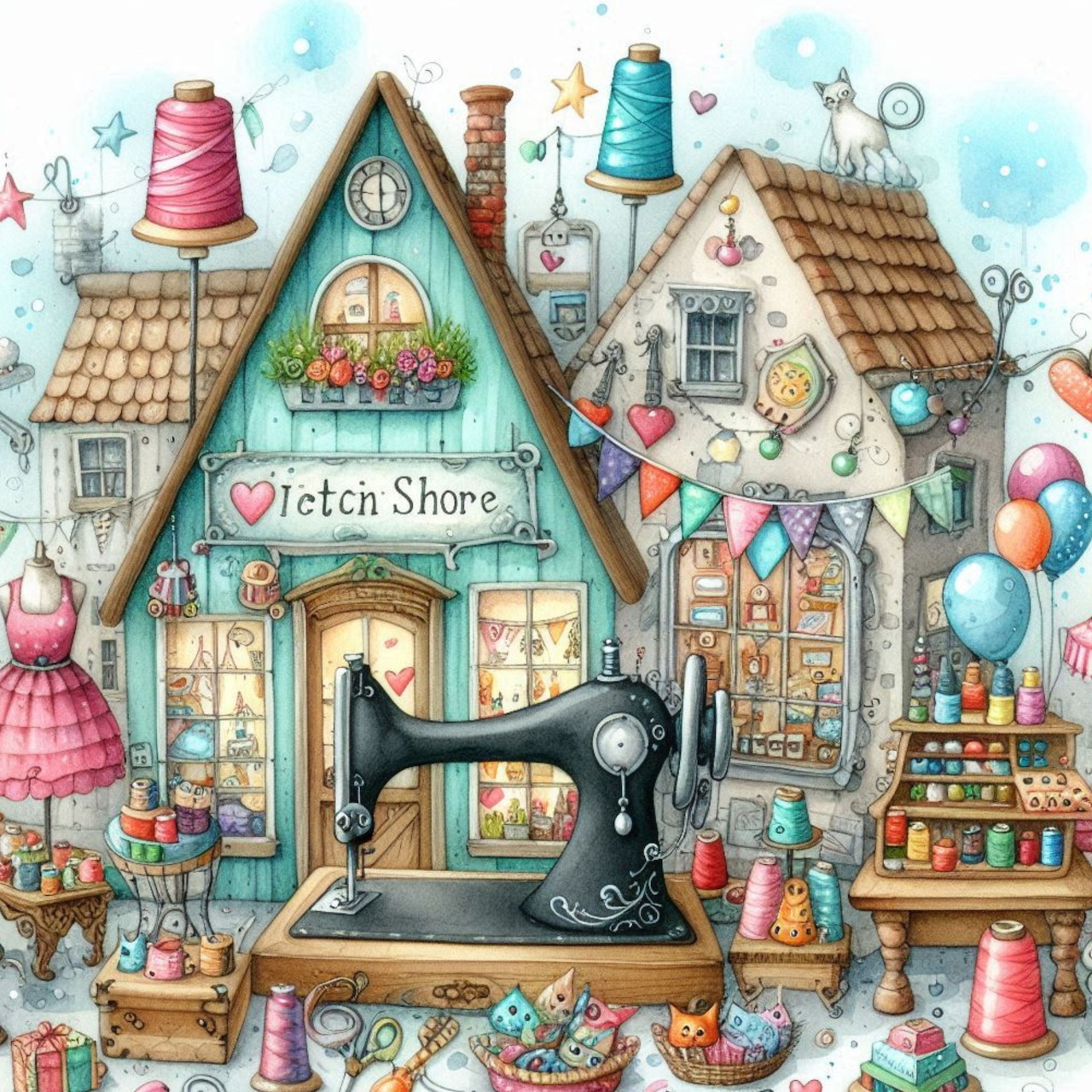 Whimsical illustration of a sewing shop with cottages, sewing machine, thread spools, and craft items