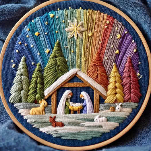 Circular embroidered nativity scene with rainbow sky, stable, holy family, and evergreen trees in an embroidery hoop