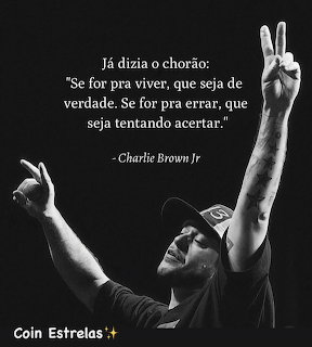 Man in cap making peace sign with Portuguese quote from Chorão of Charlie Brown Jr on dark background