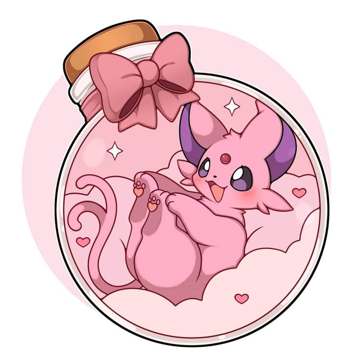 Cute pink Espeon Pokemon character with bow in circular frame