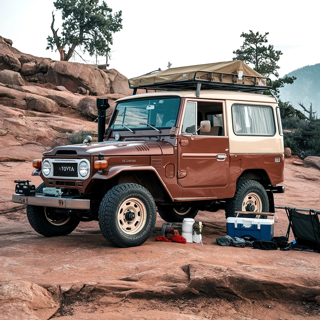 Brown Toyota Land Cruiser FJ40 on red rocks at desert campsite with mountains behind