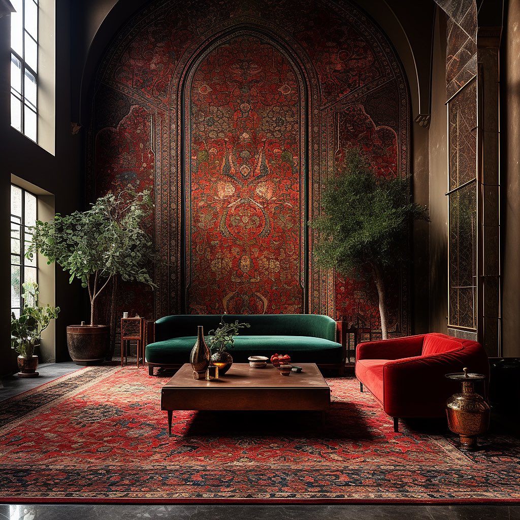Elegant lounge interior with a green sofa, red chair, patterned rug, and tall arched tapestry wall
