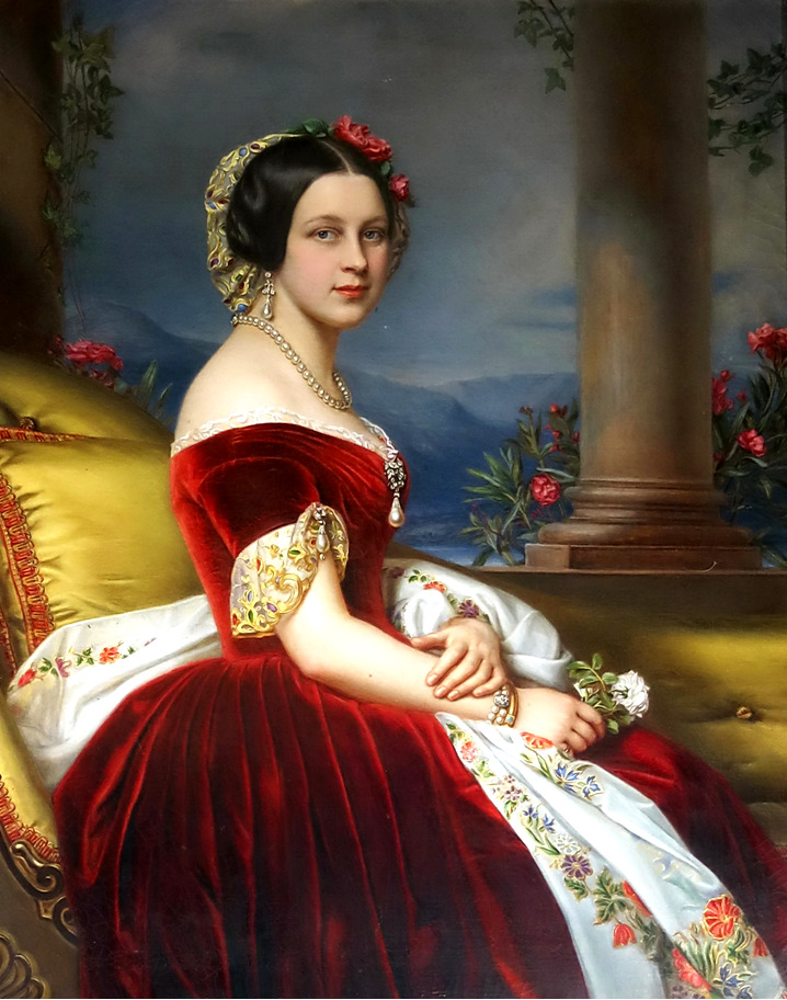 Portrait painting of woman in red velvet gown with white floral embroidered overlay and flowers in dark hair