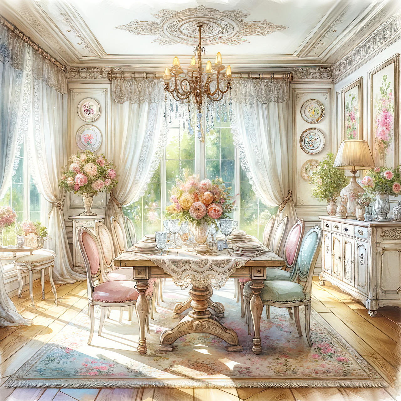 Watercolor illustration of a shaby chic dining room with pastel chairs, roses, chandelier, and lace curtains