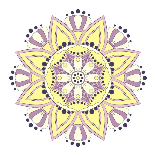 Symmetrical mandala with purple and yellow petals and dotted details on white background