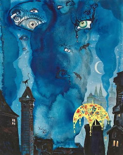 Surreal painting with floating eyes and melting yellow shape in blue night sky over dark buildings
