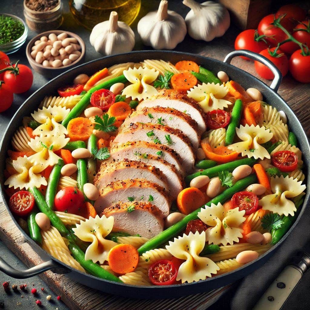 Sliced turkey breast on colorful pasta with vegetables in a black skillet