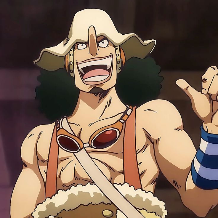 Usopp from One Piece anime with excited expression wearing goggles and hat