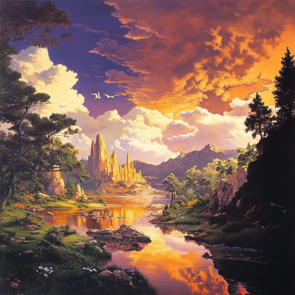 Fantasy painting of a sunset river valley with trees, mountains, and distant castle-like spires