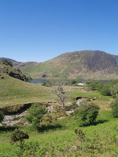 Green valley with a lake and hillside under bright blue sky at Rannerdale Knotts