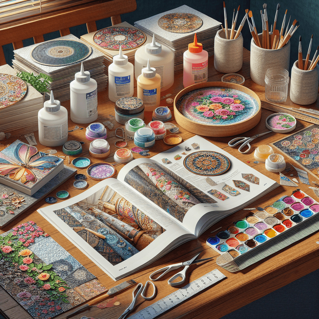 Craft table with decoupage supplies, rice paper, paints, brushes and floral pattern materials