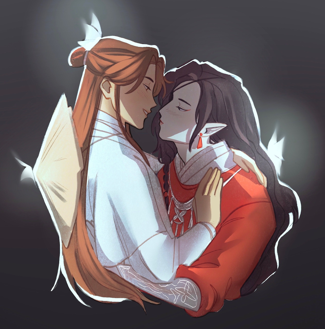 Two anime characters embracing intimately with glowing white butterflies around them on a dark background
