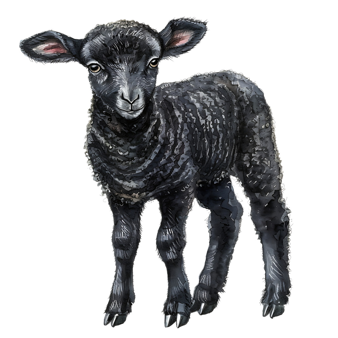 Watercolor illustration of a cute black lamb standing and facing the viewer on a white background