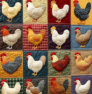 Collage of 16 illustrated chickens and roosters in different colors arranged in a 4x4 grid on fabric backgrounds