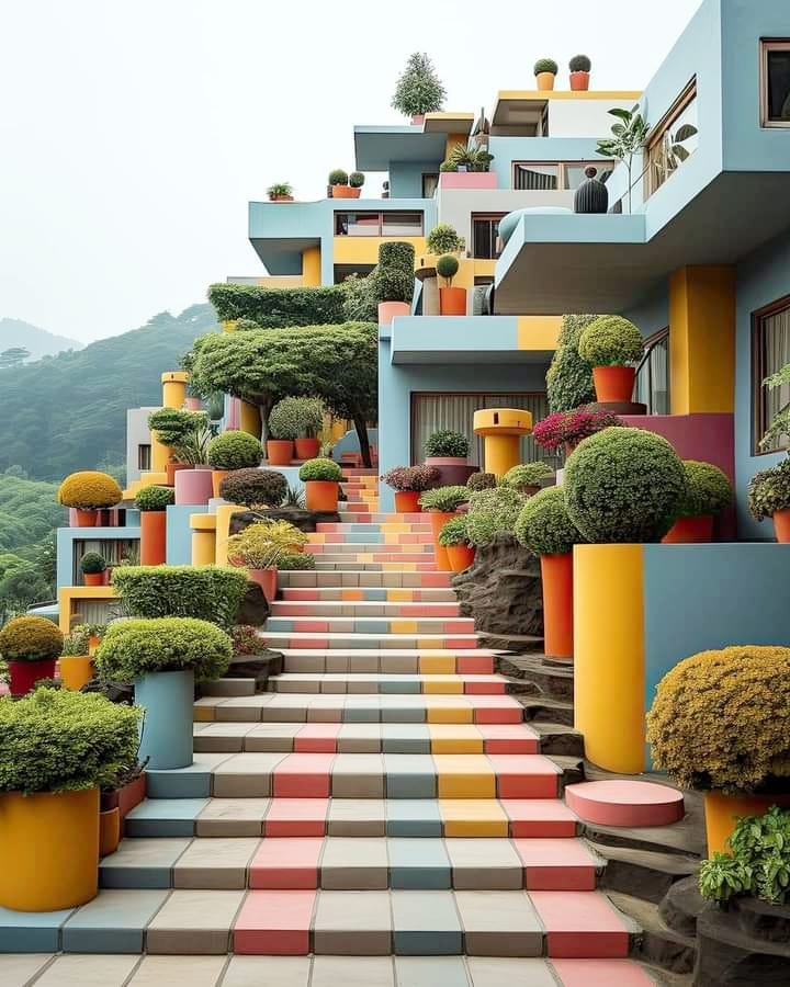 Colorful stepped terrace with potted plants and modern cubic buildings overlooking mountains