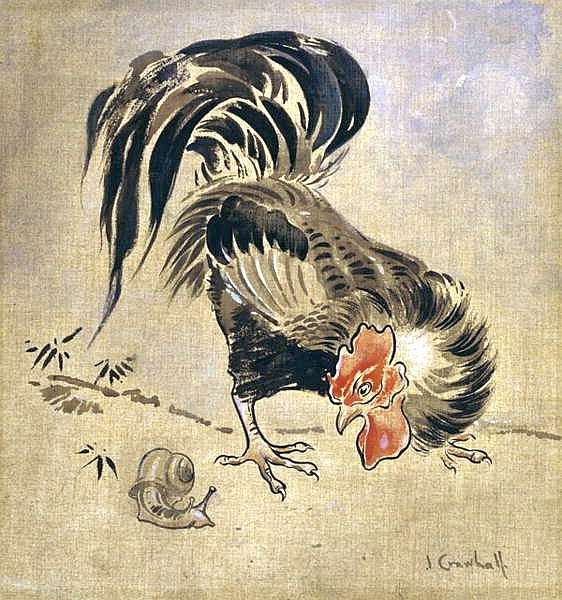 Painting of a black rooster looking down at a snail on a beige background by Joseph Crawhall