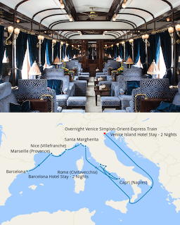 Ornate blue and gold interior of Orient-Express train car with route map of Mediterranean journey below
