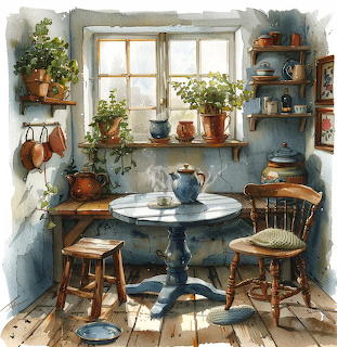 Cozy country kitchen corner with blue walls, wooden table, chairs, window with plants, and shelves with pottery