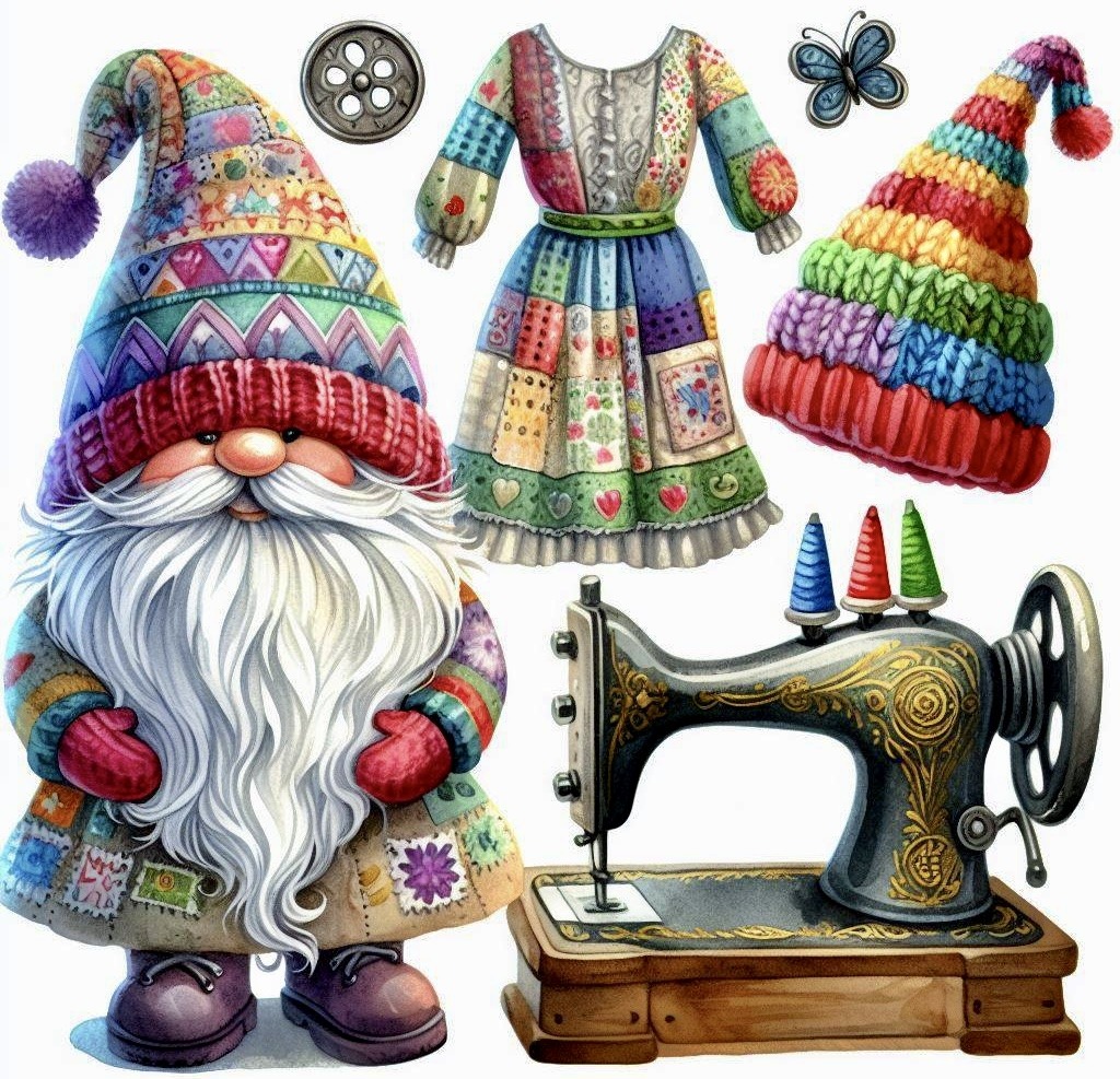 Gnome with rainbow knit hat and white beard next to vintage sewing machine with colorful knitted hats and crafting items