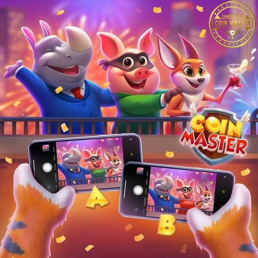 Cartoon rhino, pig, and fox posing for a selfie onstage with confetti and smartphones