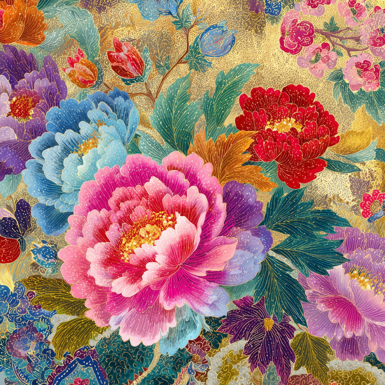 Ornate floral artwork with pink, blue, red, and purple blossoms on a patterned gold background