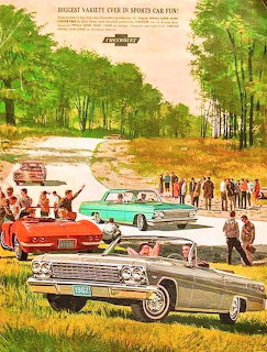 Vintage 1962 Chevrolet advertisement showing cars at lakeside with people and trees